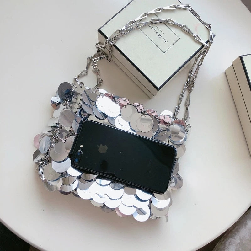 Silver Metal Sequins Chain Woven Bag