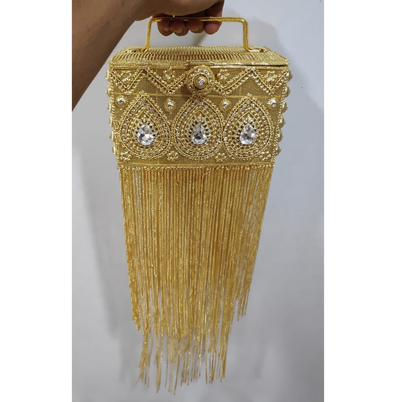 Handmade India Style Gold Long Tassels Rhinestone Beads Clutch