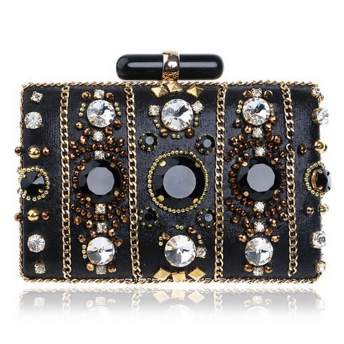 Embroidery Beaded Chain Metal Clutch