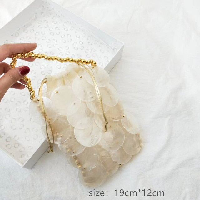 Shell Flakes Golden Beaded Chain Clutch