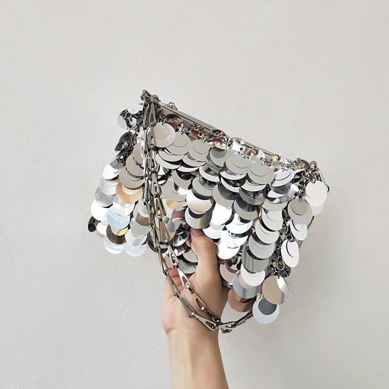 Silver Metal Sequins Chain Woven Bag