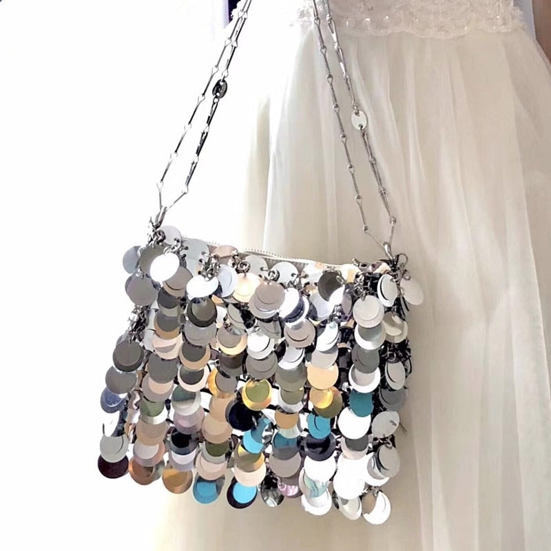 Silver Metal Sequins Chain Woven Bag