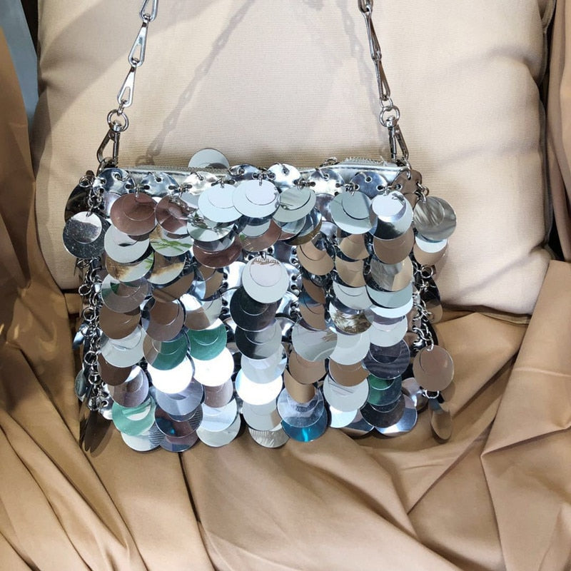 Silver Metal Sequins Chain Woven Bag