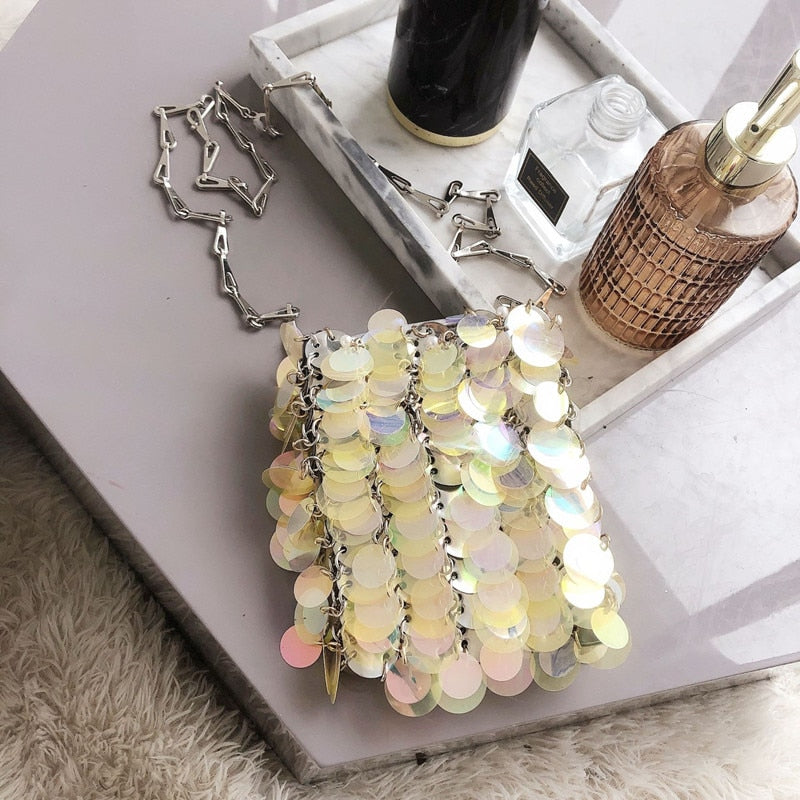 Silver Metal Sequins Chain Woven Bag