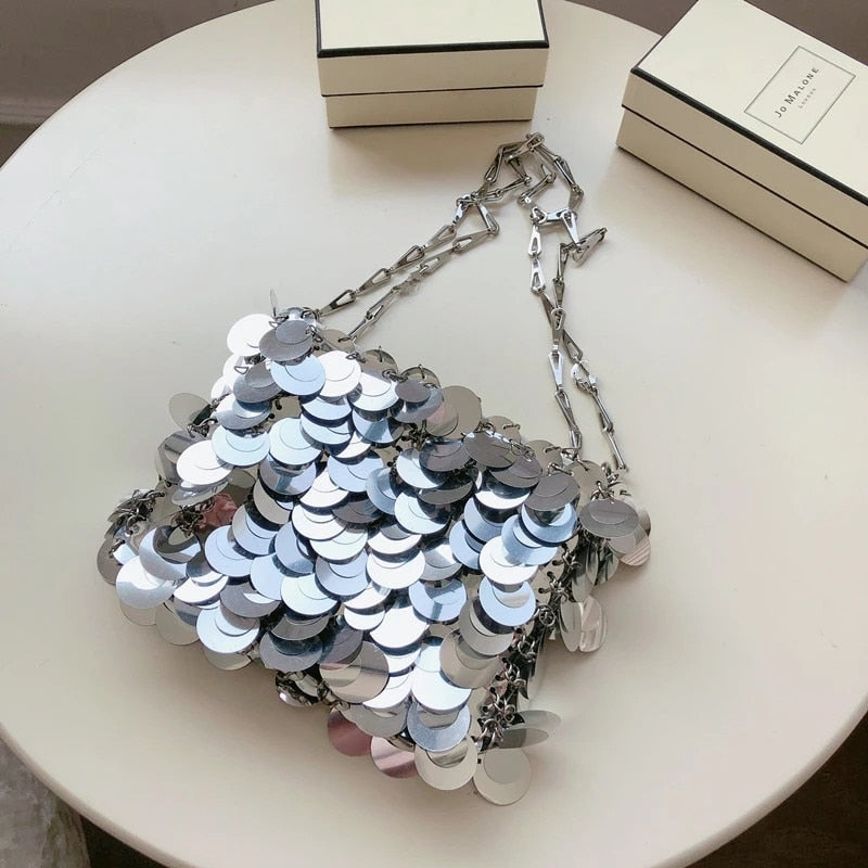 Silver Metal Sequins Chain Woven Bag