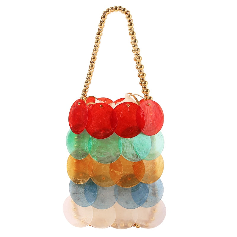 Shell Flakes Golden Beaded Chain Clutch