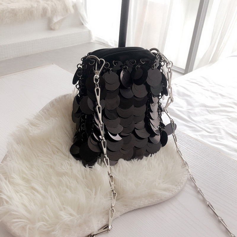 Silver Metal Sequins Chain Woven Bag