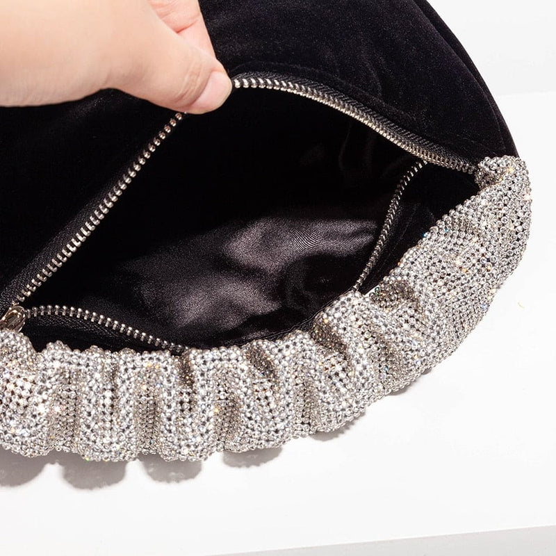 Rhinestones Fold Handle Velvet Handbag