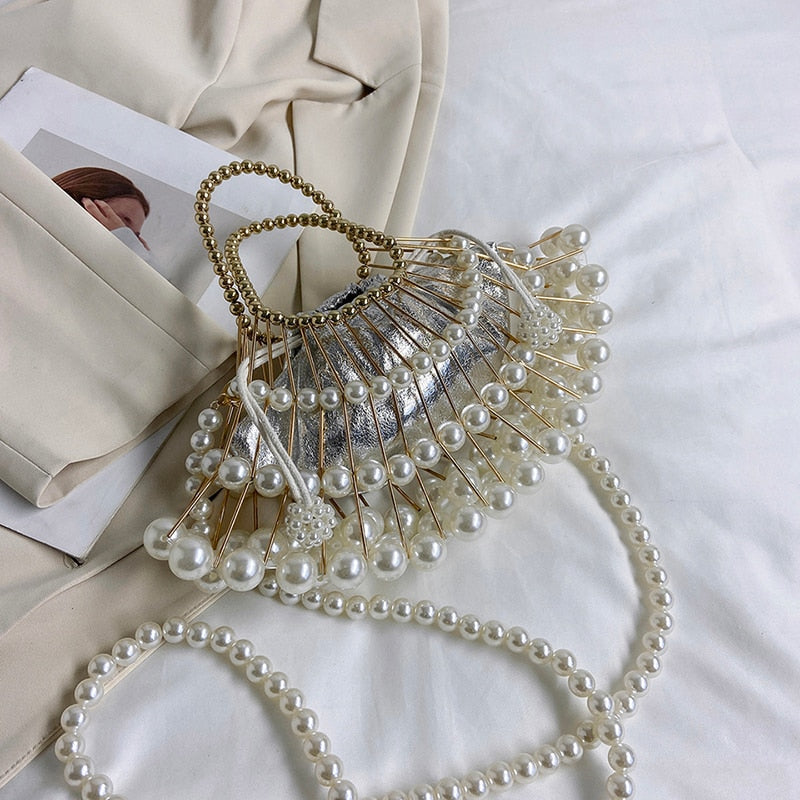 Luxury Silver Pearl Evening Clutch Bag