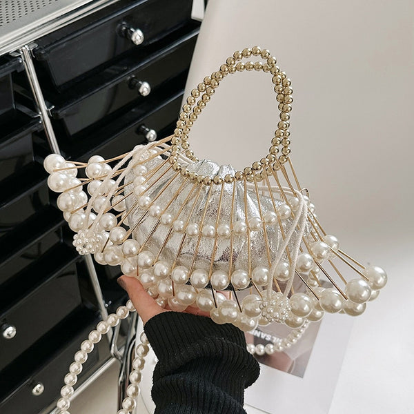 Luxury Silver Pearl Evening Clutch Bag